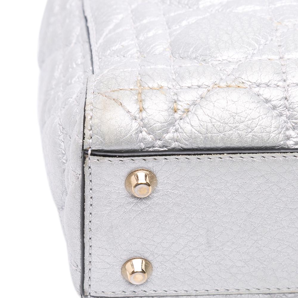 Christian Dior B Dior Silver Calf Leather Mini Metallic Grained skin Cannage Lady Dior Italy
