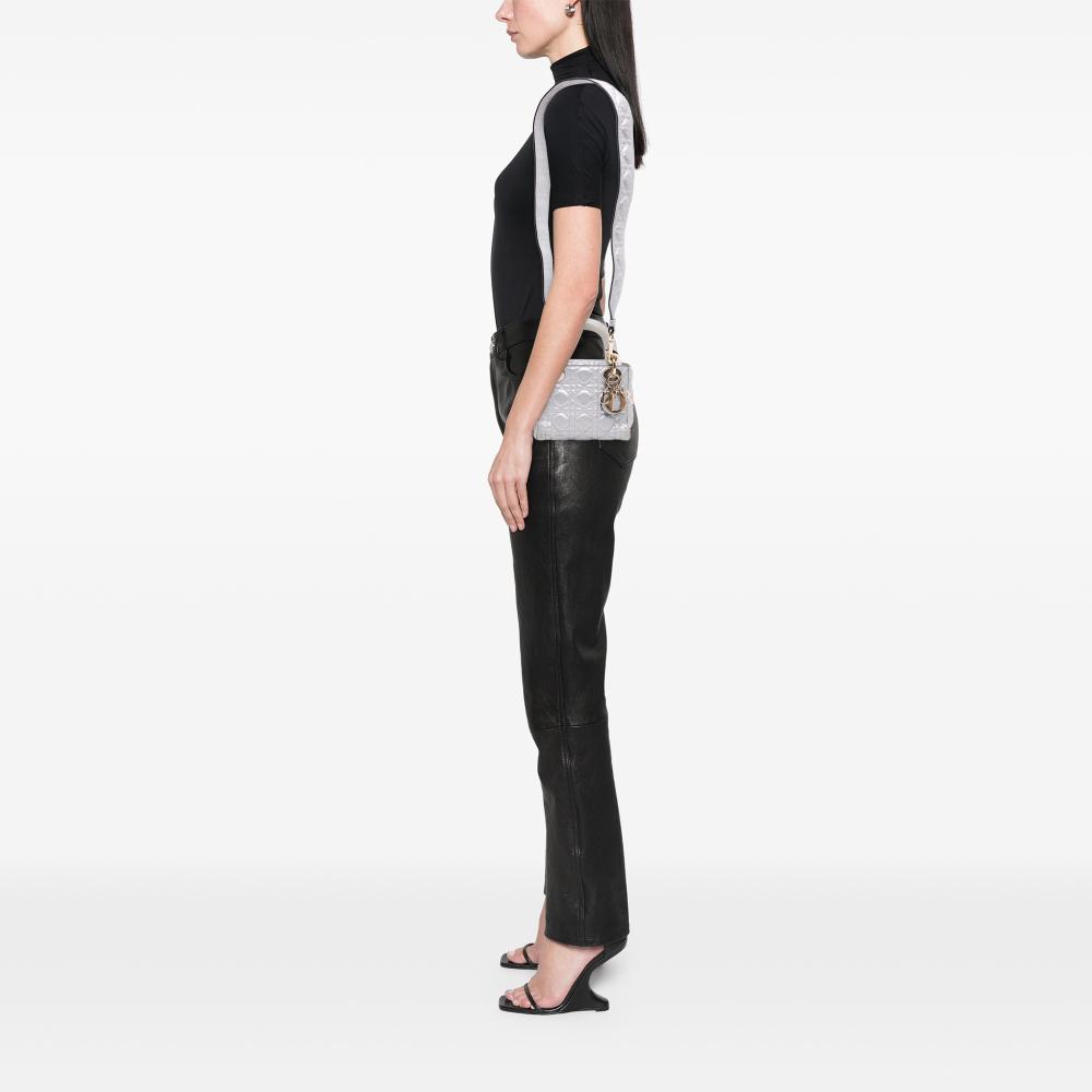 Christian Dior B Dior Silver Calf Leather Mini Metallic Grained skin Cannage Lady Dior Italy