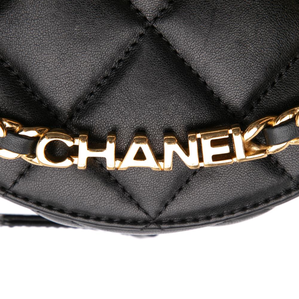 Chanel Black Quilted Lambskin Oval Logo Chain Top Handle Round Clutch on Chain Italy