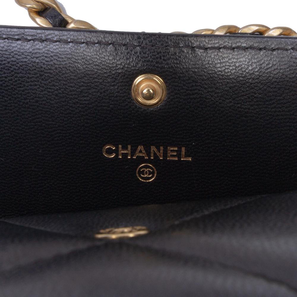 Chanel AB Chanel Black Lambskin Leather Leather Quilted Lambskin 19 Flap Coin Purse With Chain Italy