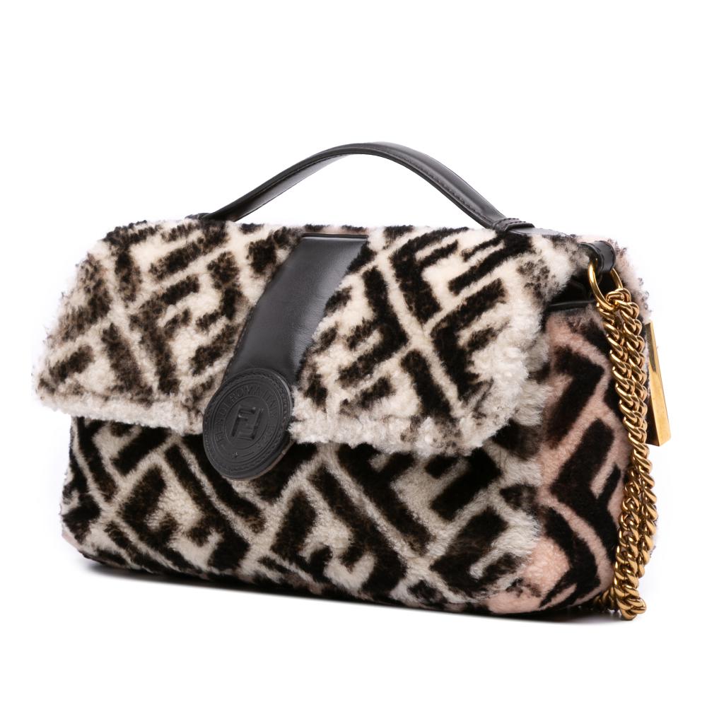 Fendi B Fendi Brown Beige Fur Natural Material Zucca Shearling Double F Baguette Satchel Italy
