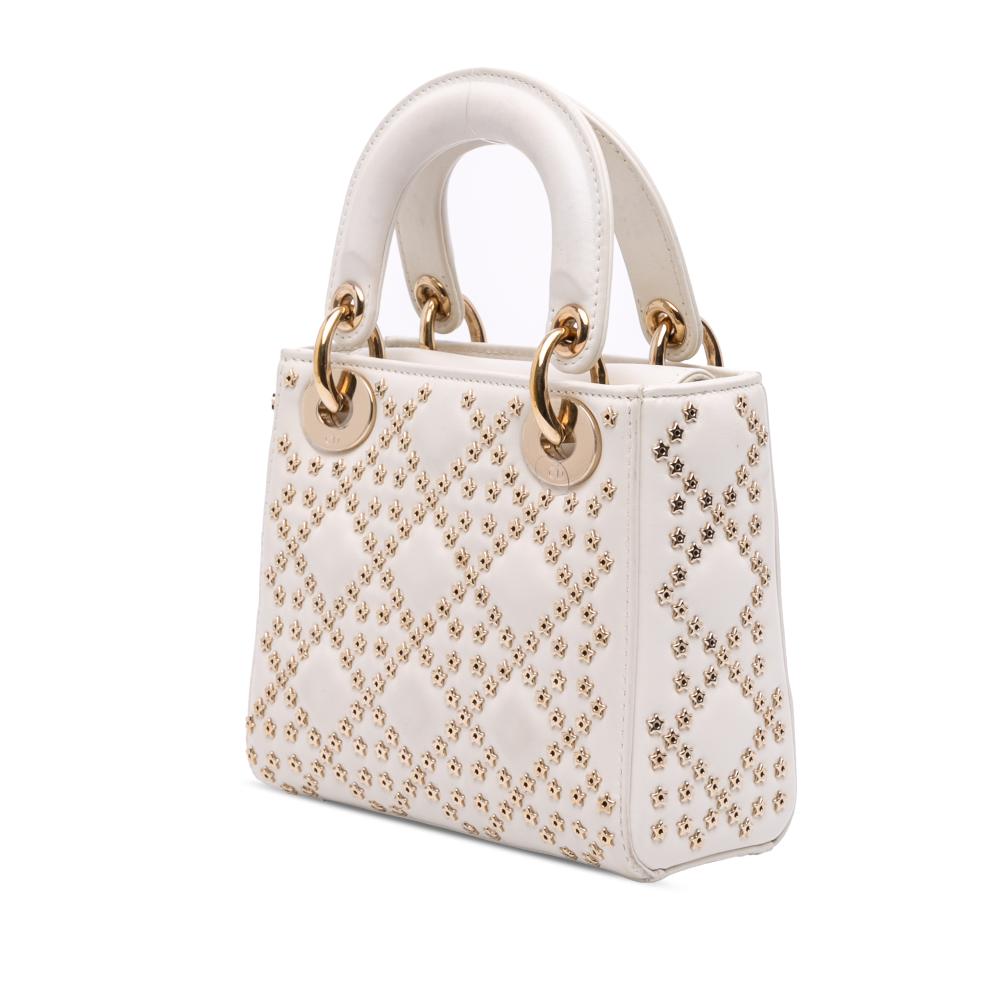 Christian Dior B Dior White Lambskin Leather Leather Mini Lambskin Cannage Lucky Star Studded Lady Dior Italy