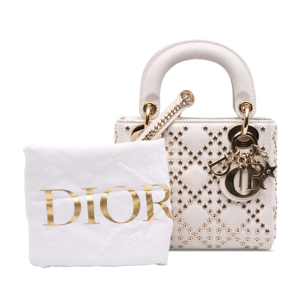 Christian Dior B Dior White Lambskin Leather Leather Mini Lambskin Cannage Lucky Star Studded Lady Dior Italy