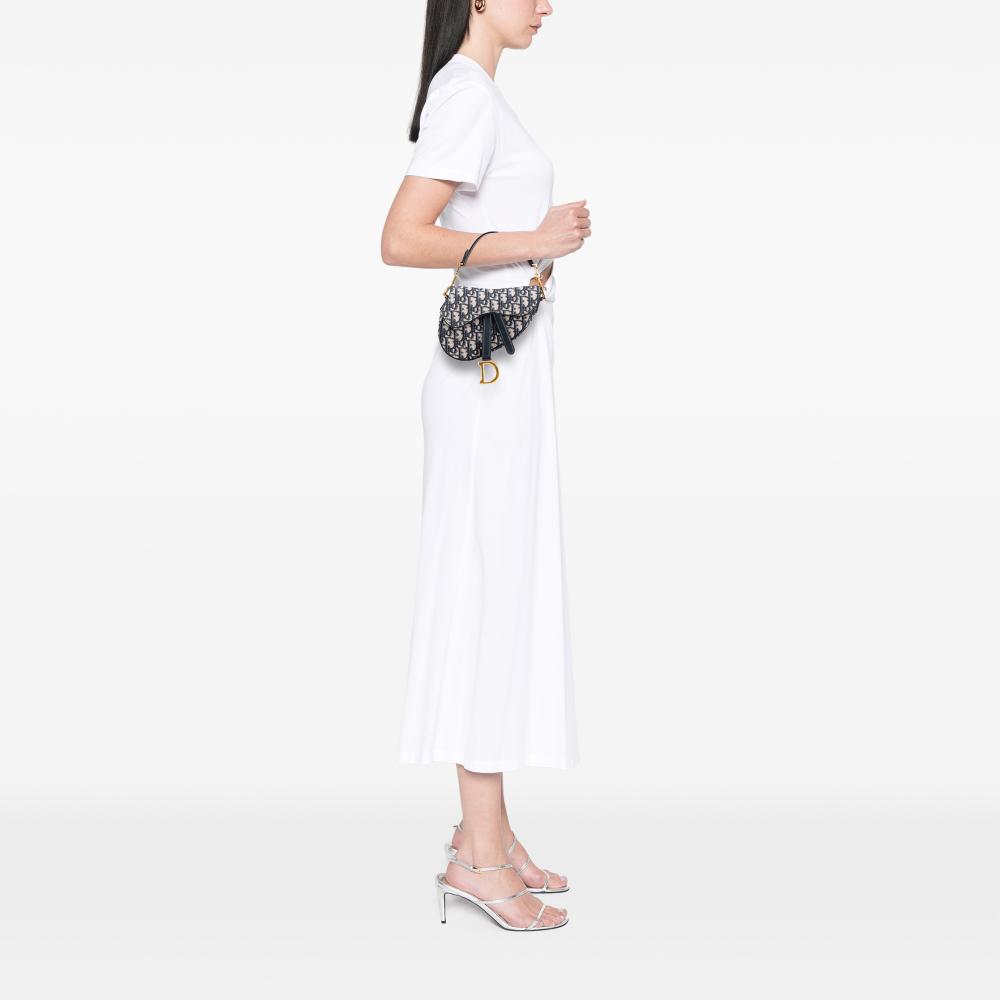 Christian Dior B Dior Blue Navy Canvas Fabric Mini Oblique Saddle Bag Italy