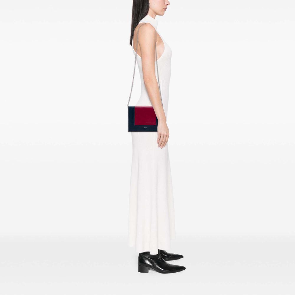 Celine B Celine Red Dark Red with Blue Navy Calf Leather Frame Wallet on Chain Italy