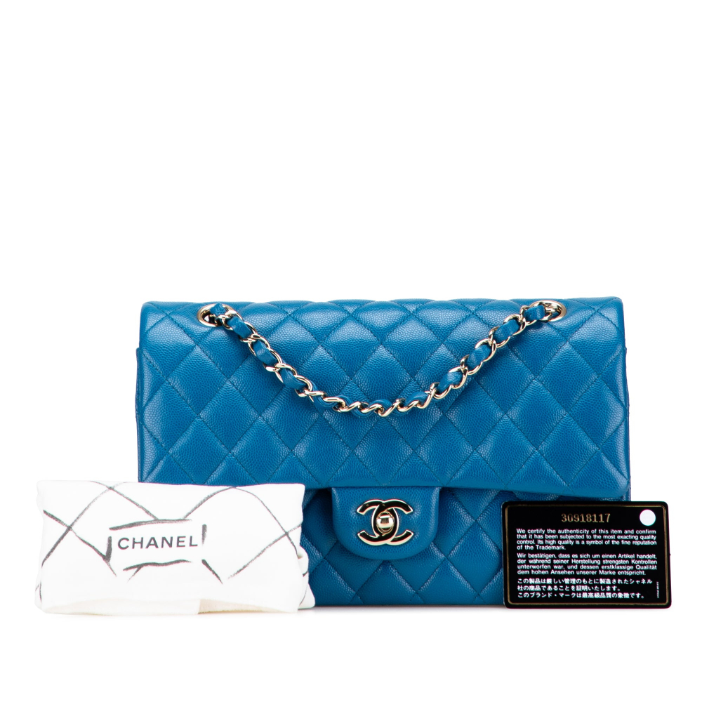 Chanel Classic Double Flap Medium Caviar Leather Matelassè Shoulder Bag Blue