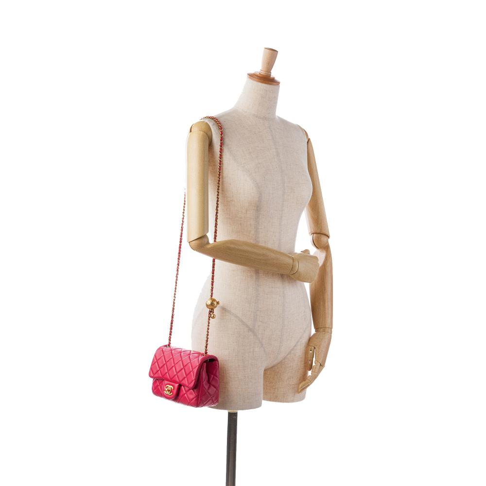 Chanel Pink Mini Square Classic Lambskin Pearl Crush Single Flap Italy