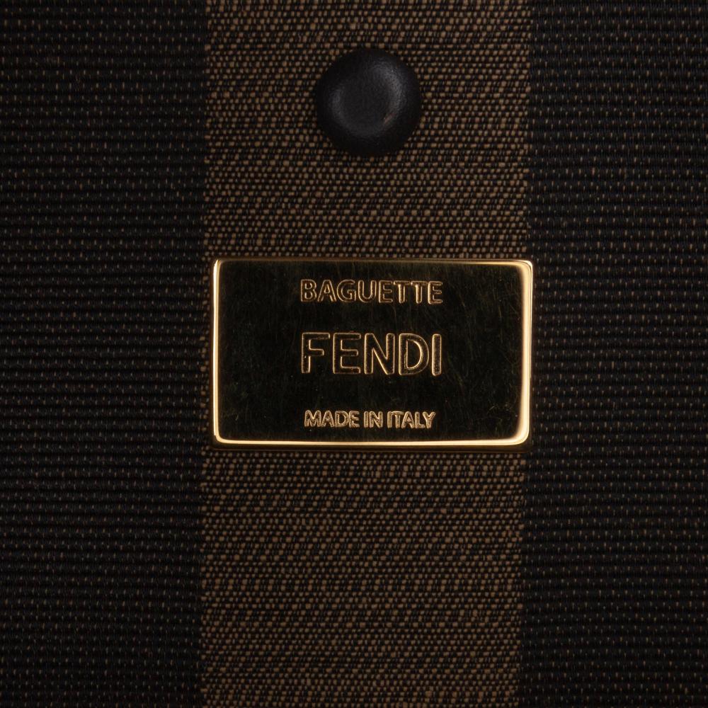 Fendi AB Fendi Brown Canvas Fabric Pequin Gingham And Raffia Baguette Satchel Italy