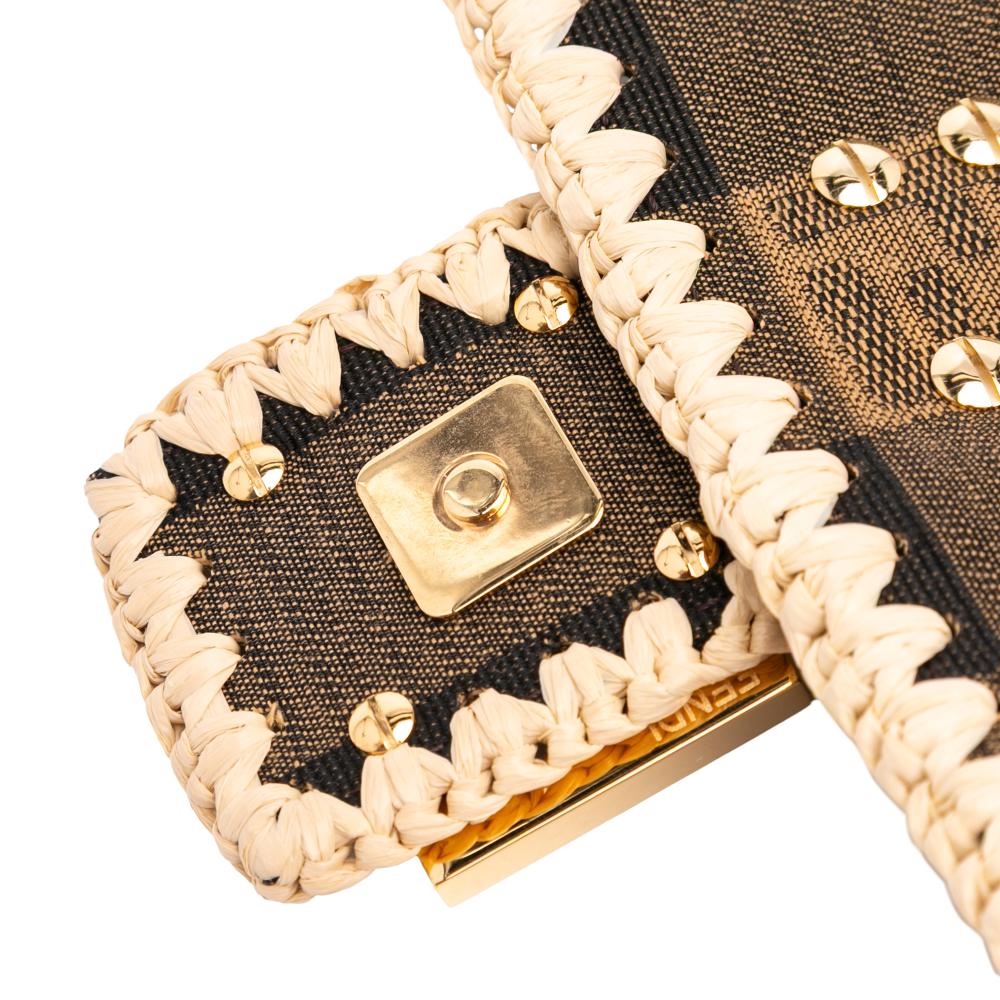 Fendi AB Fendi Brown Canvas Fabric Pequin Gingham And Raffia Baguette Satchel Italy