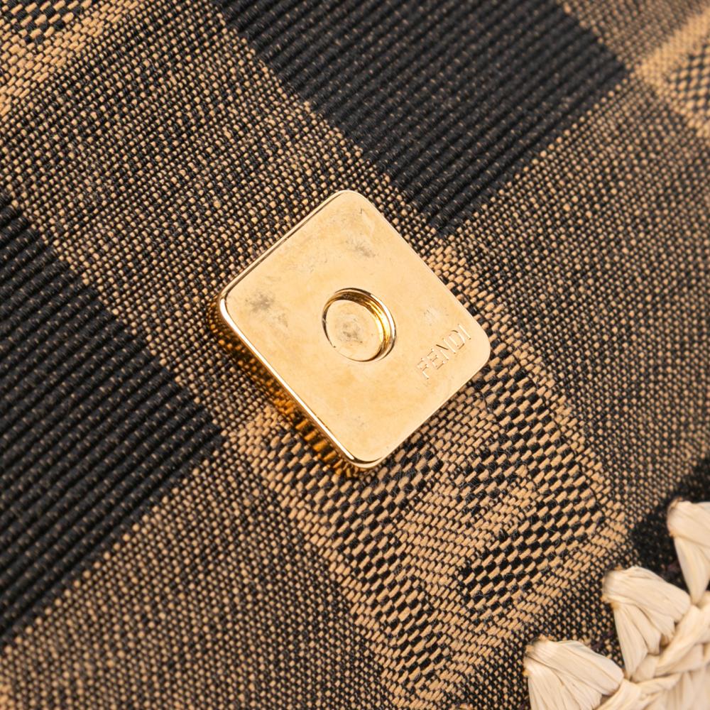 Fendi AB Fendi Brown Canvas Fabric Pequin Gingham And Raffia Baguette Satchel Italy