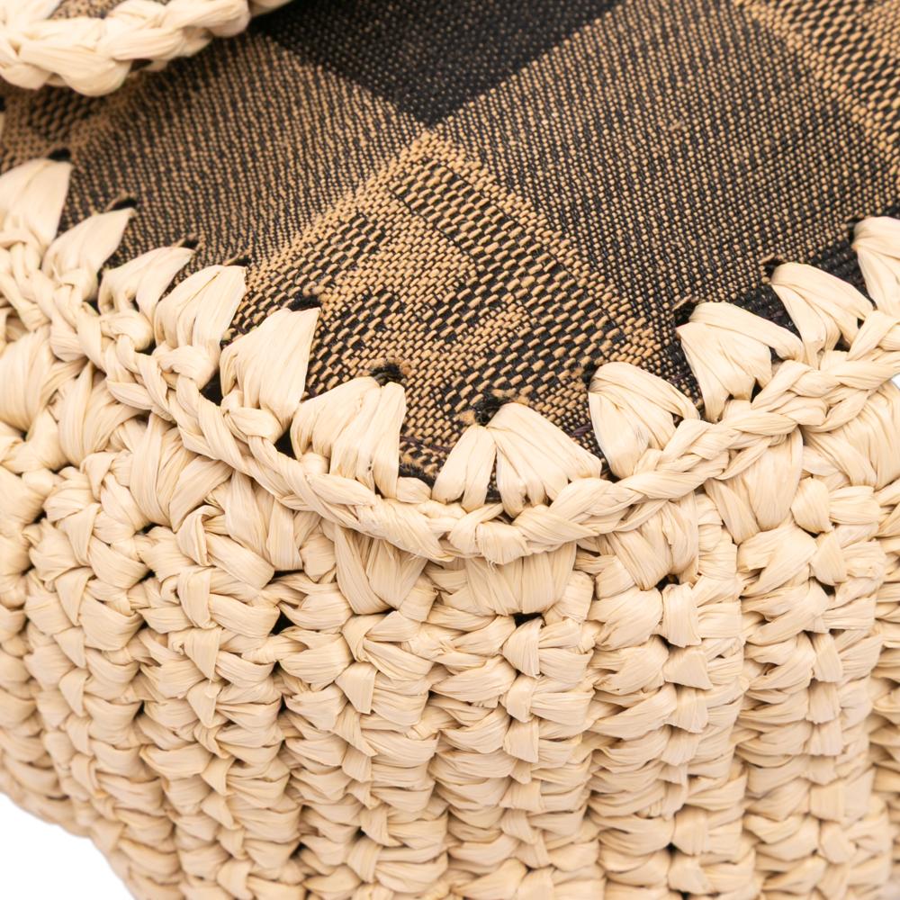 Fendi AB Fendi Brown Canvas Fabric Pequin Gingham And Raffia Baguette Satchel Italy
