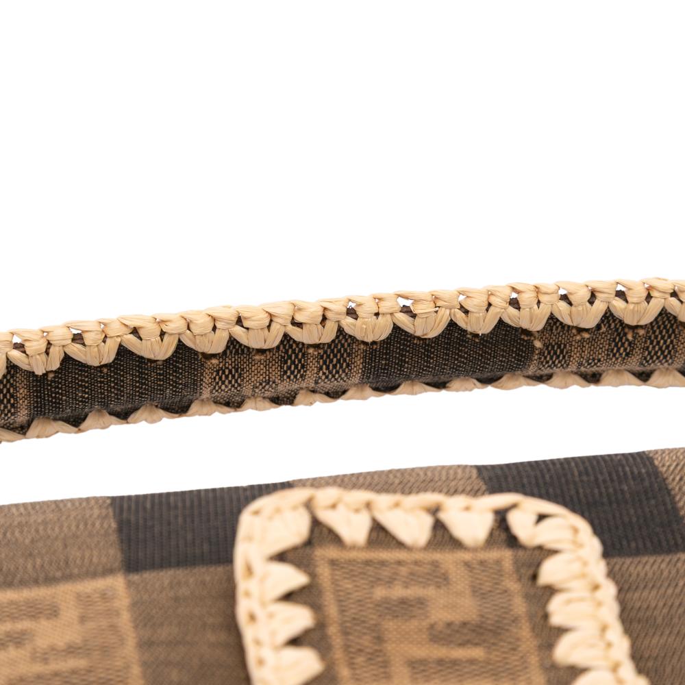 Fendi AB Fendi Brown Canvas Fabric Pequin Gingham And Raffia Baguette Satchel Italy