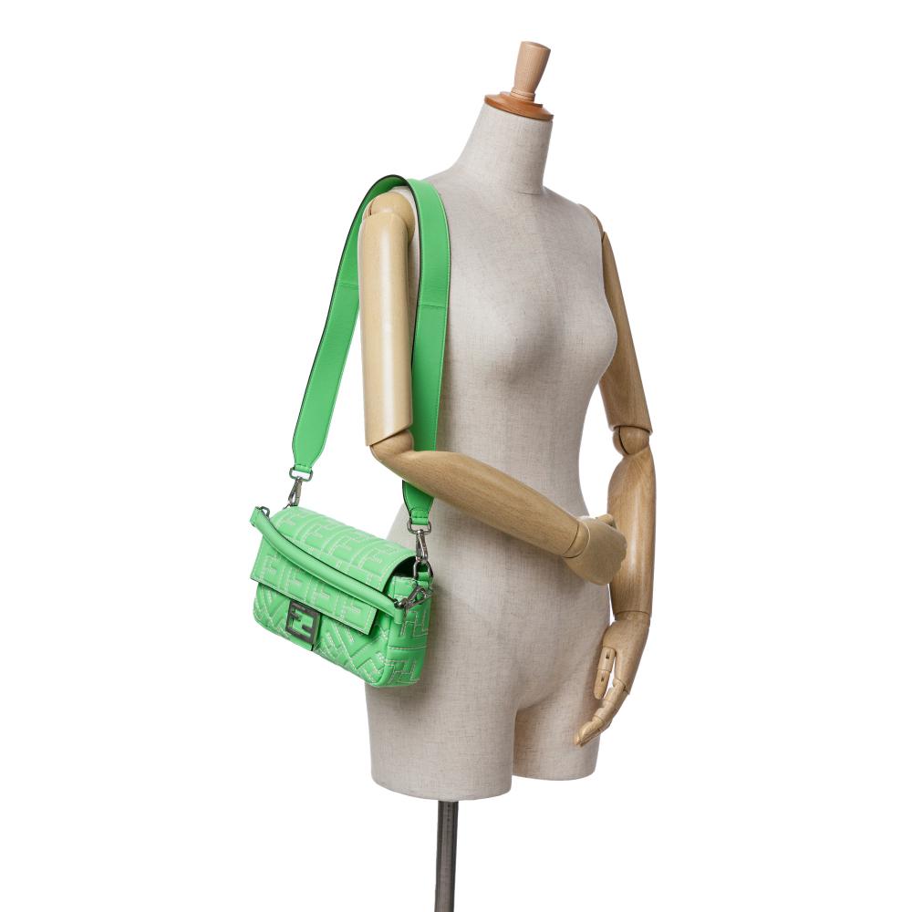 Fendi B Fendi Green Light Green Calf Leather Zucca Embossed Stitched Baguette Satchel Italy