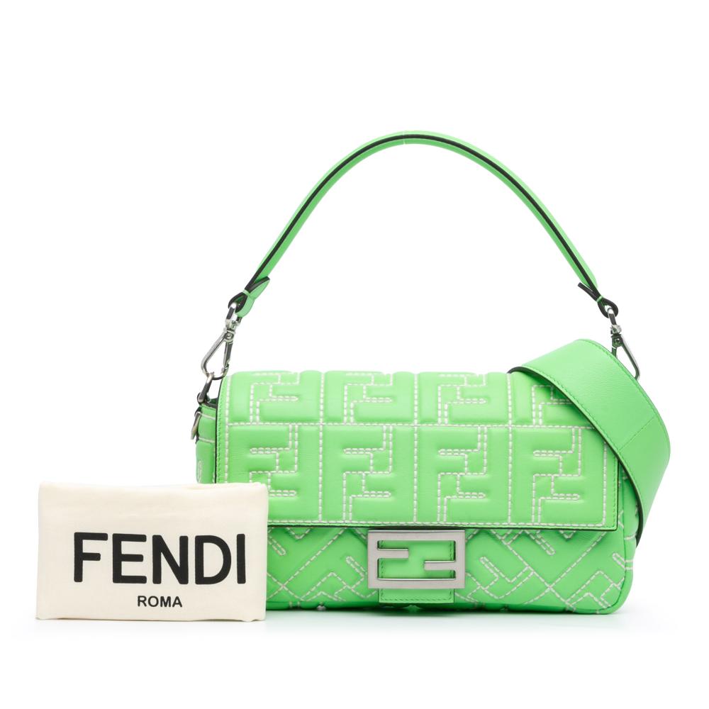 Fendi B Fendi Green Light Green Calf Leather Zucca Embossed Stitched Baguette Satchel Italy