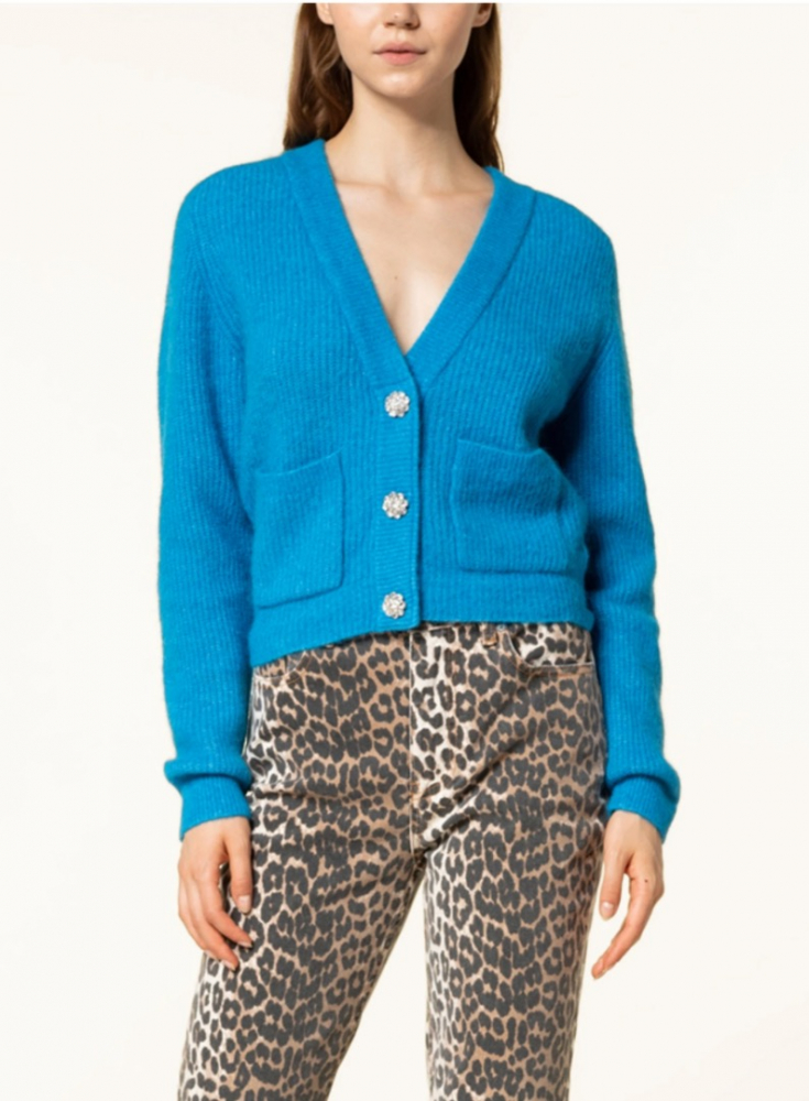 Ganni Veste en laine turquoise avec boutons en strass