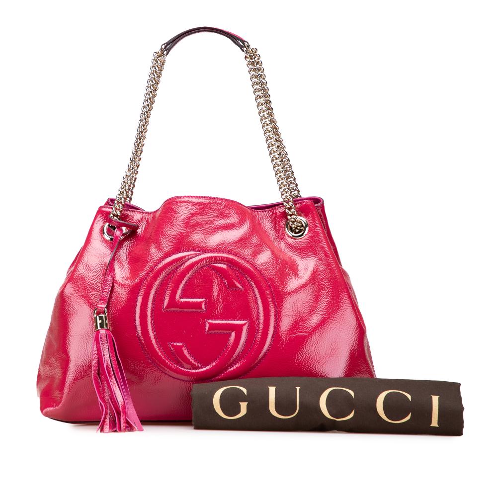 Gucci AB Gucci Pink Dark Pink Patent Leather Leather Medium Patent Soho Chain Tote Italy