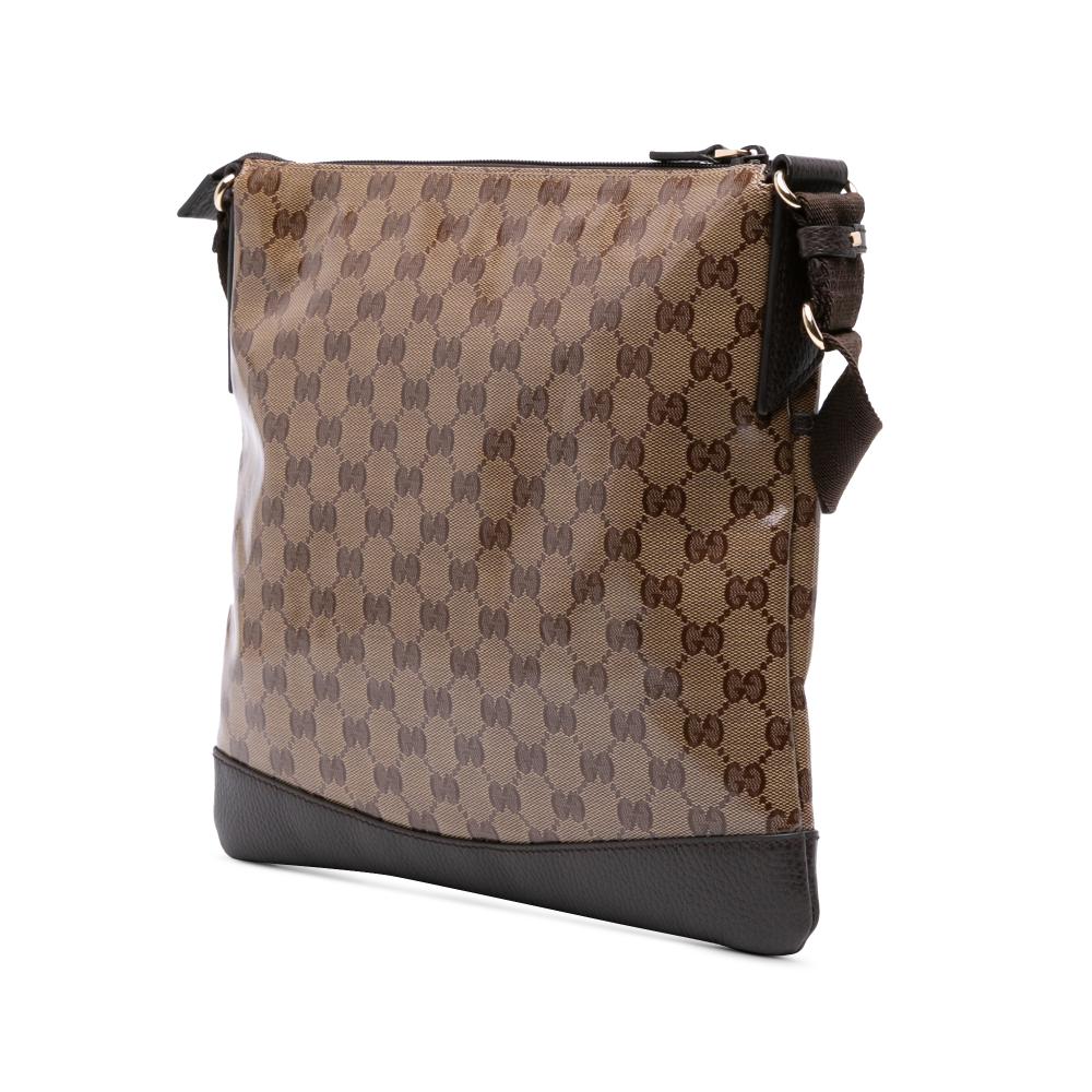 Gucci B Gucci Brown Beige Coated Canvas Fabric GG Crystal Flat Messenger Bag Italy