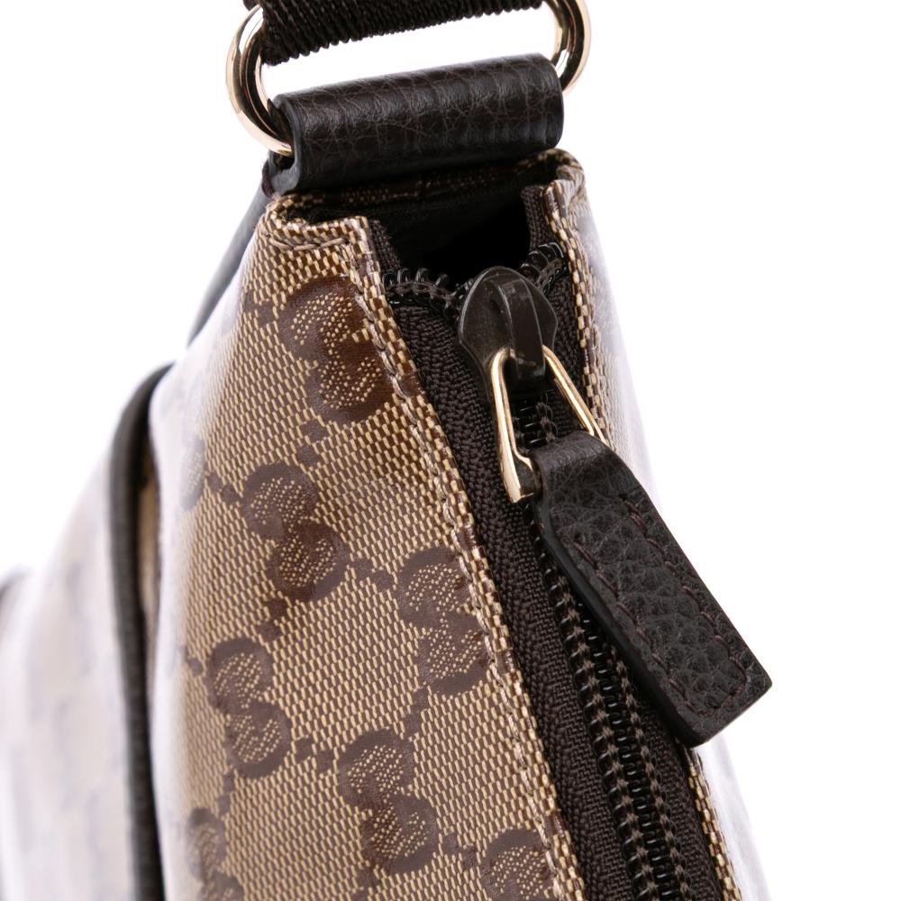 Gucci B Gucci Brown Beige Coated Canvas Fabric GG Crystal Flat Messenger Bag Italy