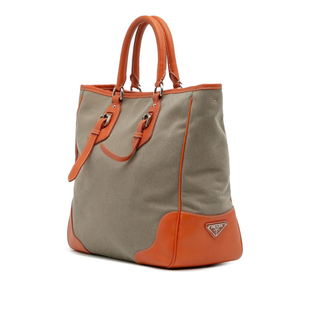 Prada B Prada Brown Beige with Orange Canvas Fabric Canapa Logo Convertible Tote Italy