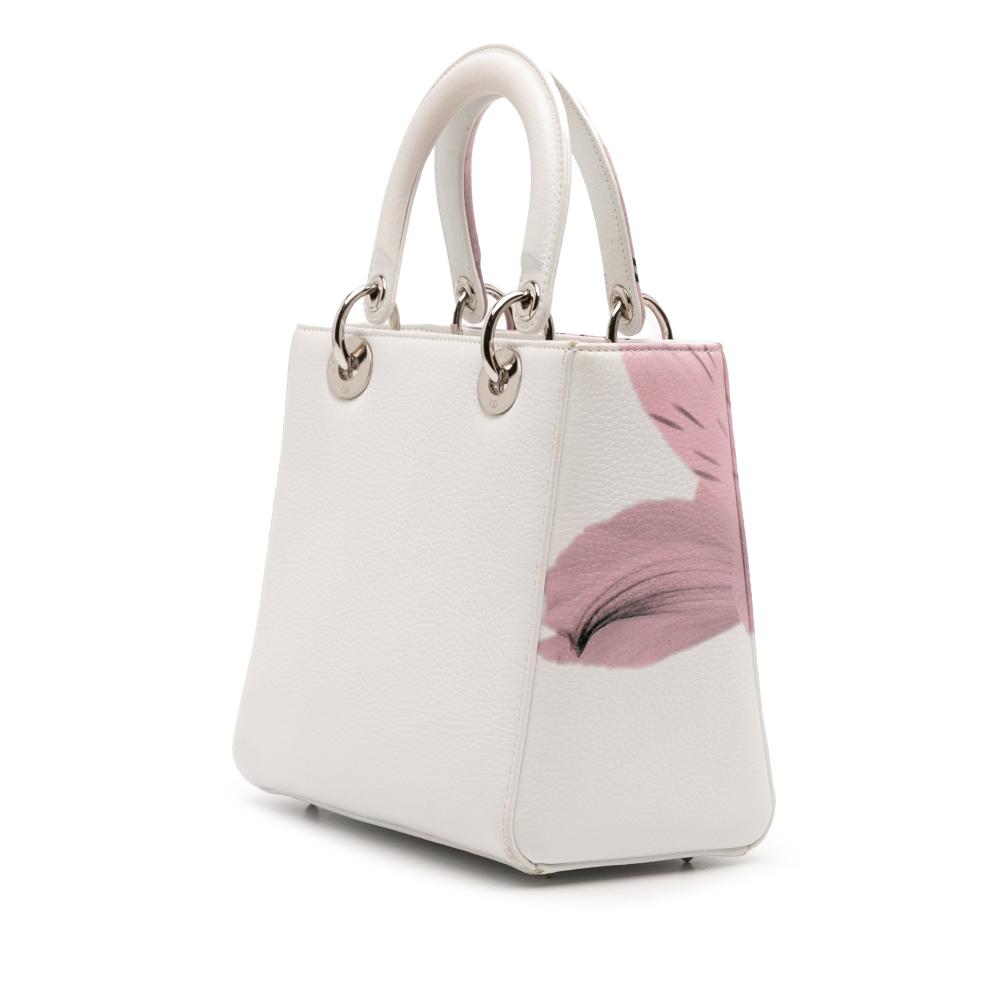 Christian Dior B Dior White Goatskin Leather Medium Deerskin Floral Printed Lady Dior Italy