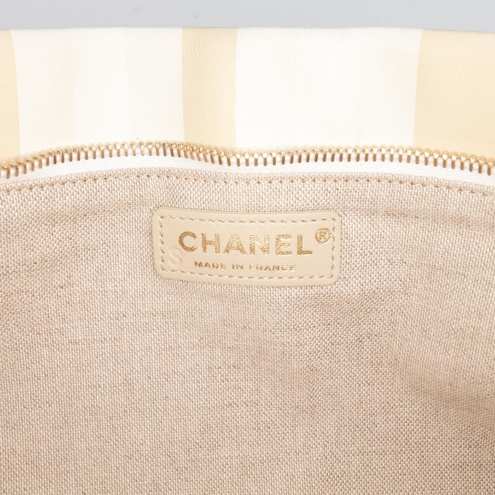 Chanel AB Chanel White Ivory with Gold Canvas Fabric XL Printed and Striped Lambskin Foldover Clutch France