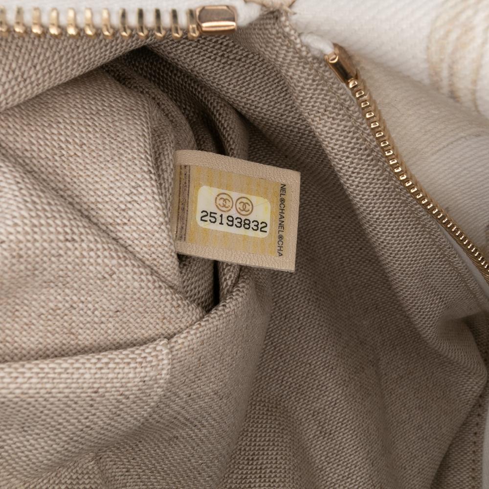 Chanel AB Chanel White Ivory with Gold Canvas Fabric XL Printed and Striped Lambskin Foldover Clutch France