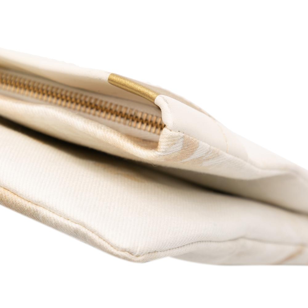 Chanel AB Chanel White Ivory with Gold Canvas Fabric XL Printed and Striped Lambskin Foldover Clutch France