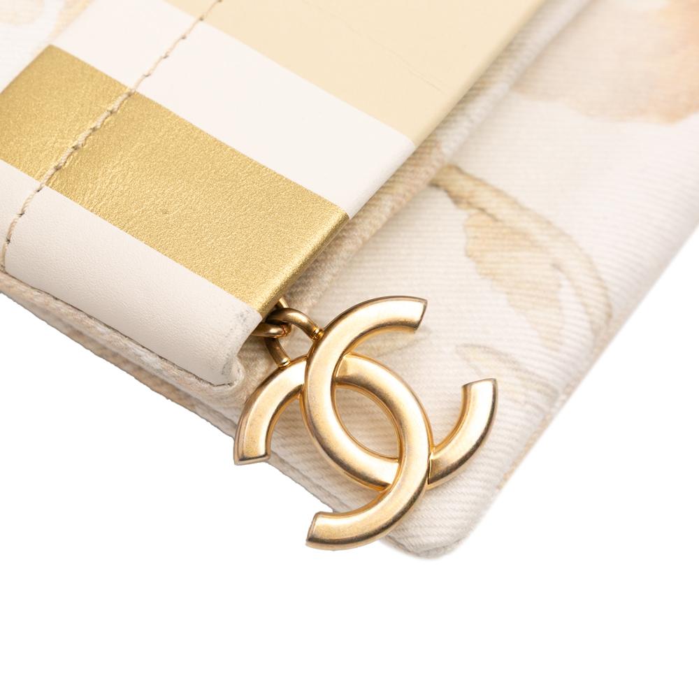 Chanel AB Chanel White Ivory with Gold Canvas Fabric XL Printed and Striped Lambskin Foldover Clutch France