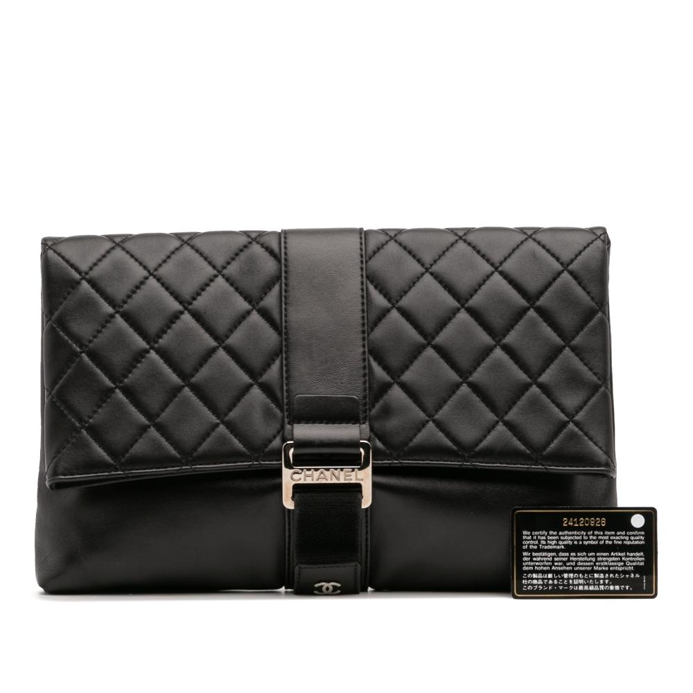 Chanel AB Chanel Black Lambskin Leather Leather CC Quilted Lambskin Grip Clutch Italy