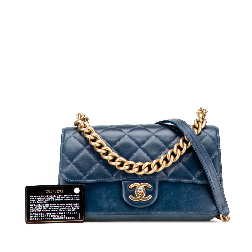 Chanel B Chanel Blue Dark Blue Calf Leather Small Quilted skin Straight Lined Flap Italy