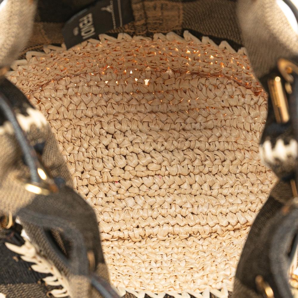 Fendi B Fendi Brown Jacquard Fabric Zucca Pequin Jaquard and Straw Mon Tresor Bucket Bag Italy