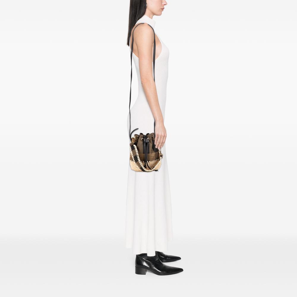 Fendi B Fendi Brown Jacquard Fabric Zucca Pequin Jaquard and Straw Mon Tresor Bucket Bag Italy