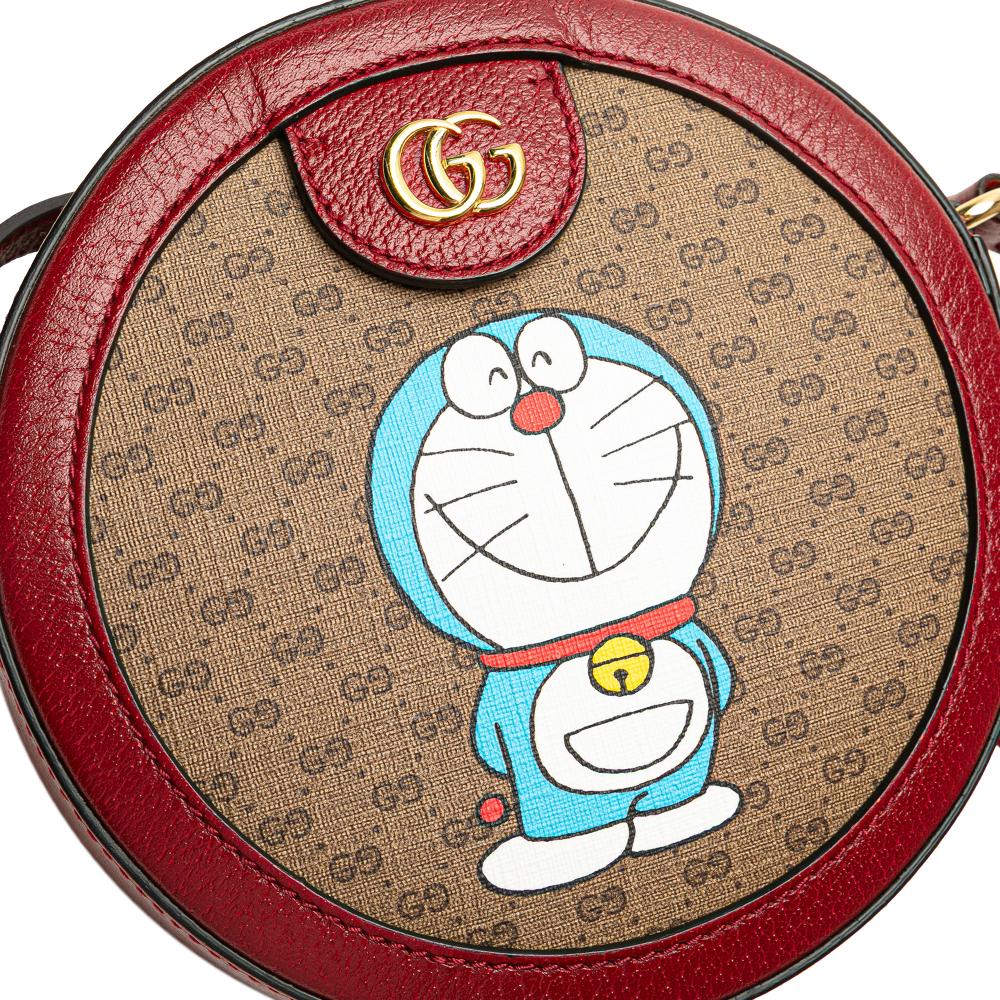 Gucci AB Gucci Brown Beige Coated Canvas Fabric Micro GG Supreme Doraemon Round Crossbody Italy