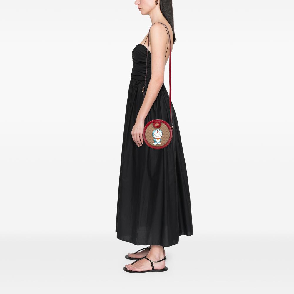 Gucci AB Gucci Brown Beige Coated Canvas Fabric Micro GG Supreme Doraemon Round Crossbody Italy