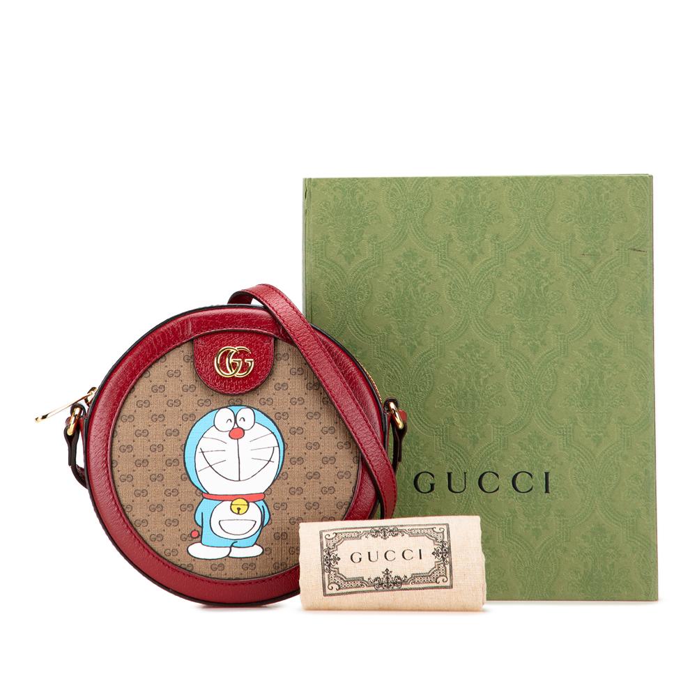 Gucci AB Gucci Brown Beige Coated Canvas Fabric Micro GG Supreme Doraemon Round Crossbody Italy