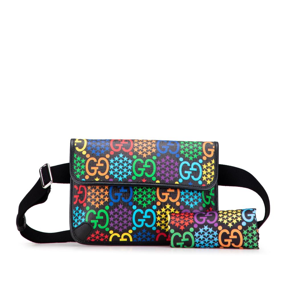 Gucci AB Gucci Black Coated Canvas Fabric GG Supreme Psychedelic Belt Bag Italy