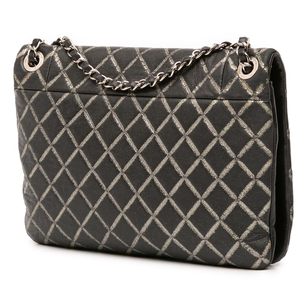 Chanel B Chanel Black Lambskin Leather Leather Quilted Metallic Distressed Lambskin CC Crystal Flap Italy