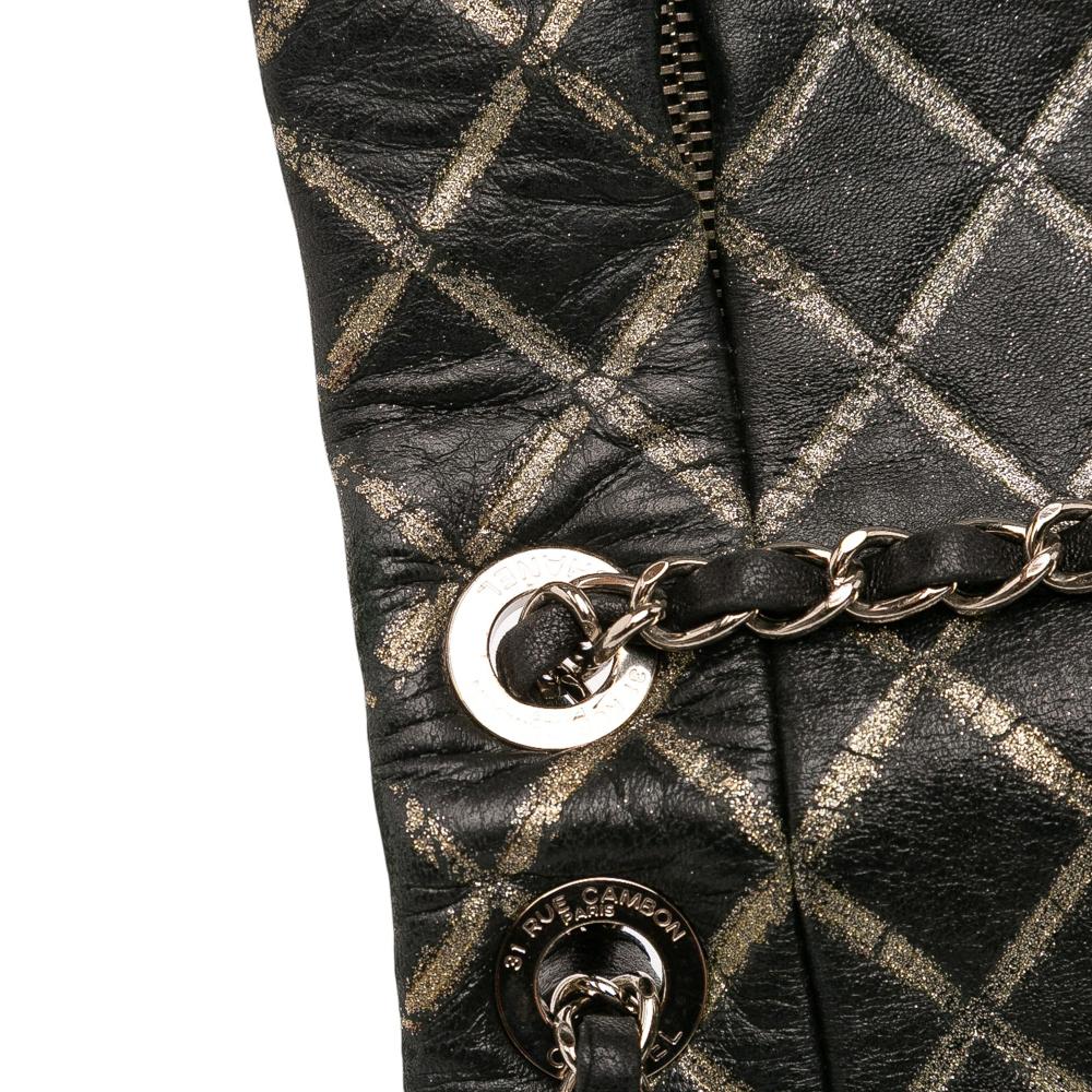 Chanel B Chanel Black Lambskin Leather Leather Quilted Metallic Distressed Lambskin CC Crystal Flap Italy