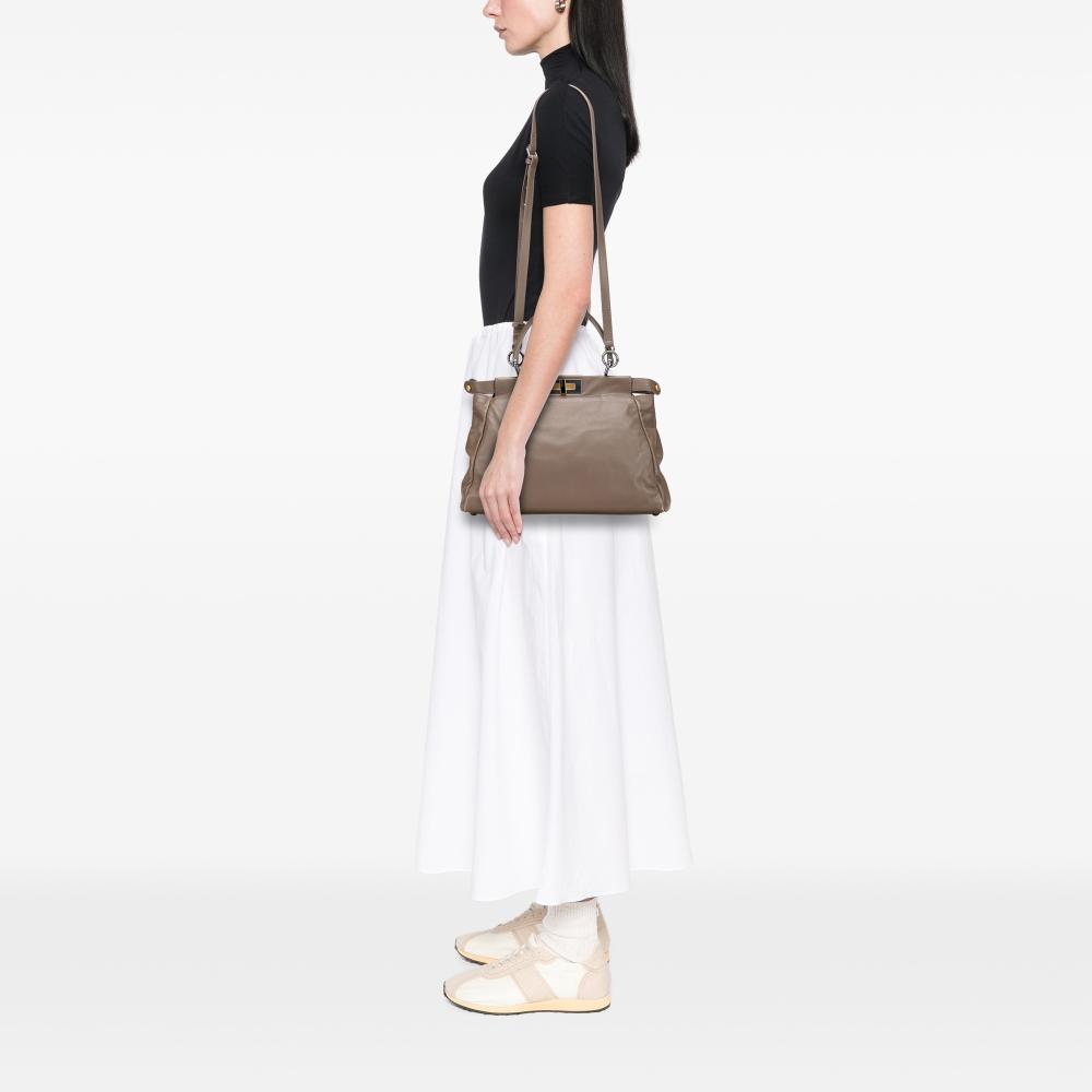 Fendi B Fendi Brown Taupe Calf Leather Medium skin Peekaboo Iconic Satchel Italy