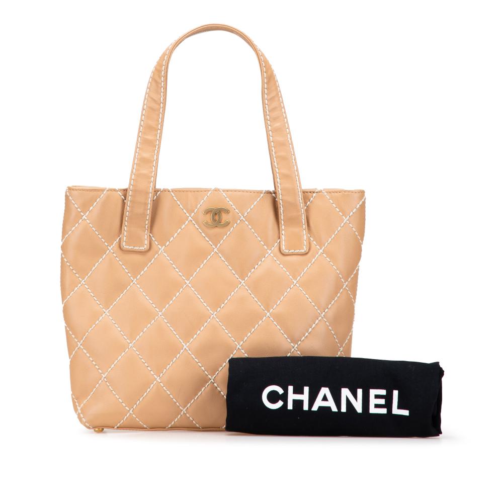 Chanel B Chanel Brown Beige Calf Leather Small CC skin Wild Stitch Tote France