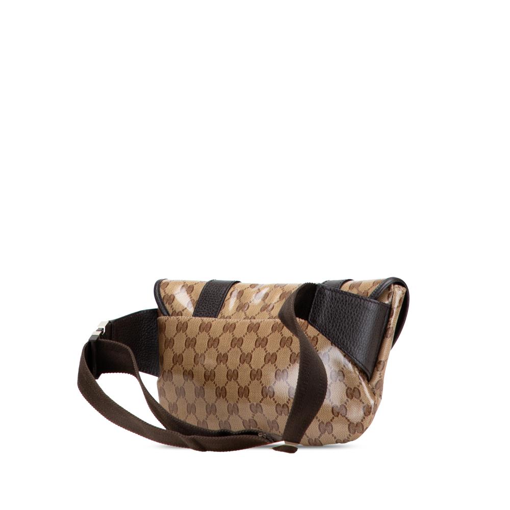Gucci B Gucci Brown Beige Coated Canvas Fabric GG Crystal Belt Bag Italy