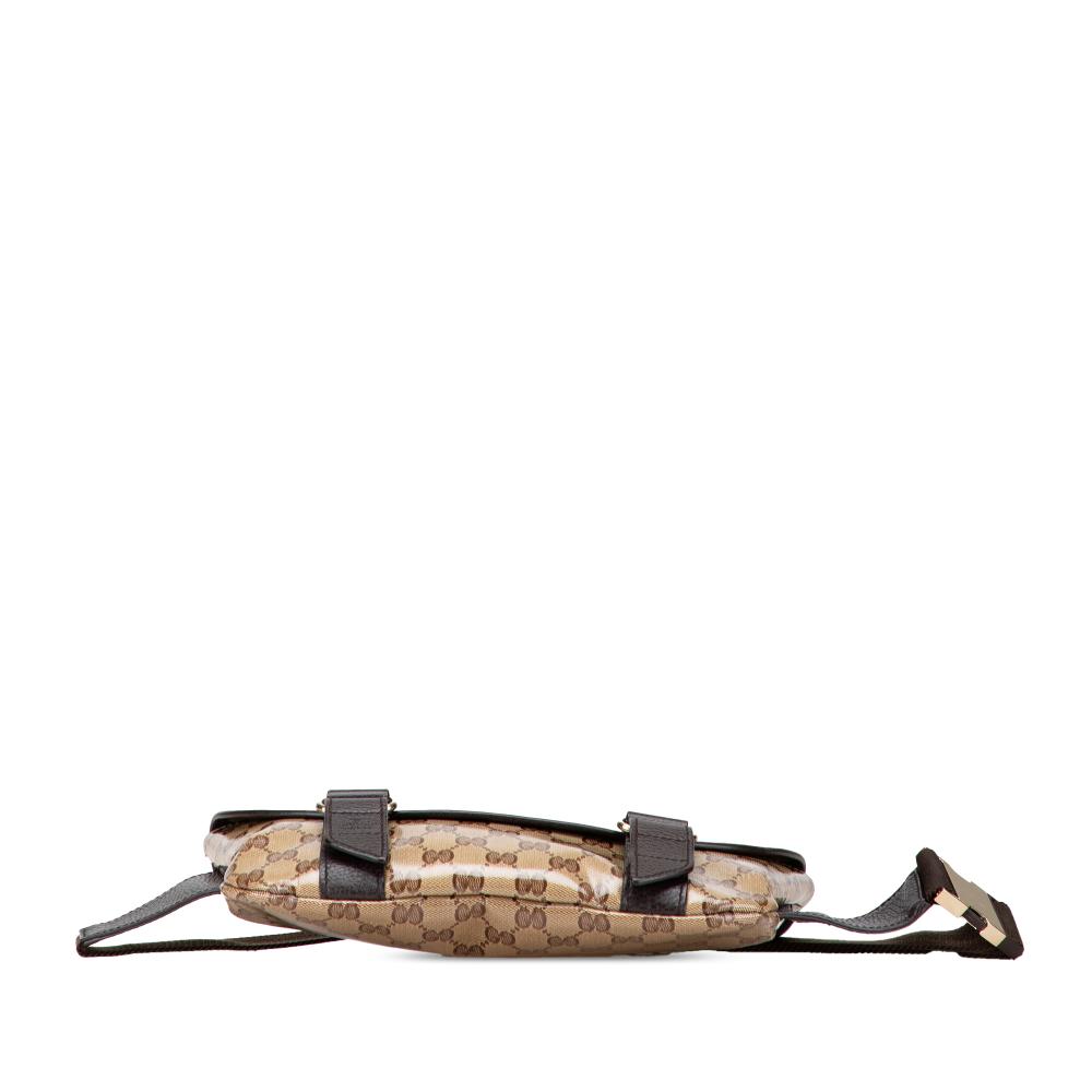 Gucci B Gucci Brown Beige Coated Canvas Fabric GG Crystal Belt Bag Italy