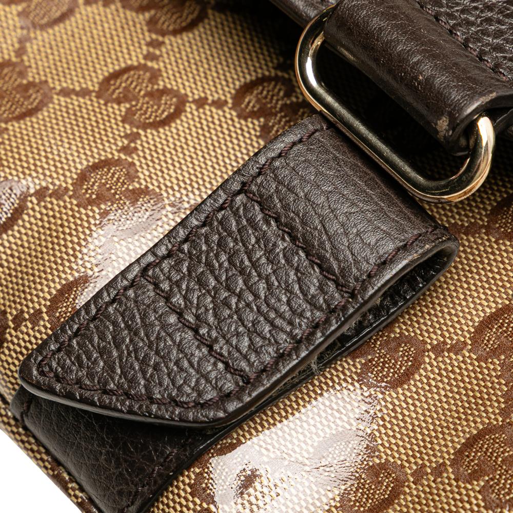Gucci B Gucci Brown Beige Coated Canvas Fabric GG Crystal Belt Bag Italy