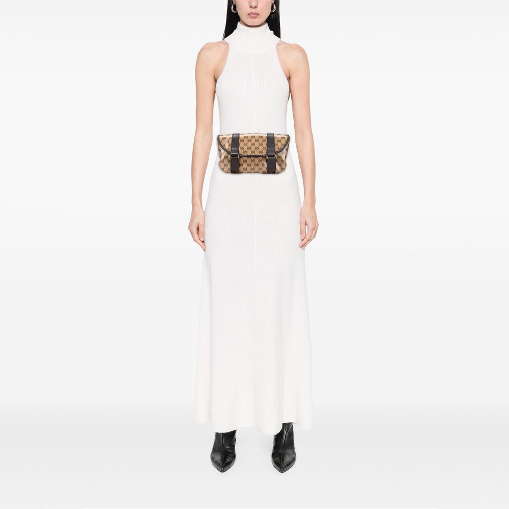 Gucci B Gucci Brown Beige Coated Canvas Fabric GG Crystal Belt Bag Italy