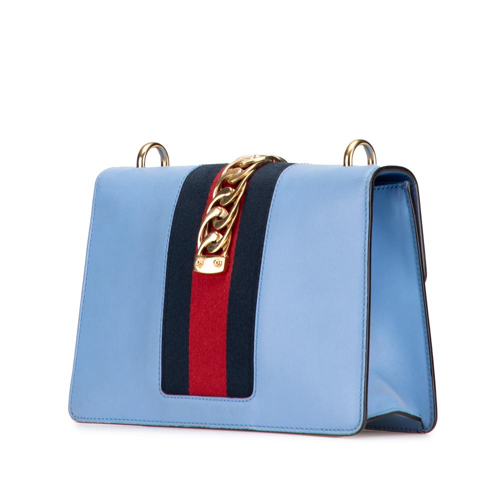 Gucci B Gucci Blue Light Blue Calf Leather Small Sylvie Web Satchel Italy