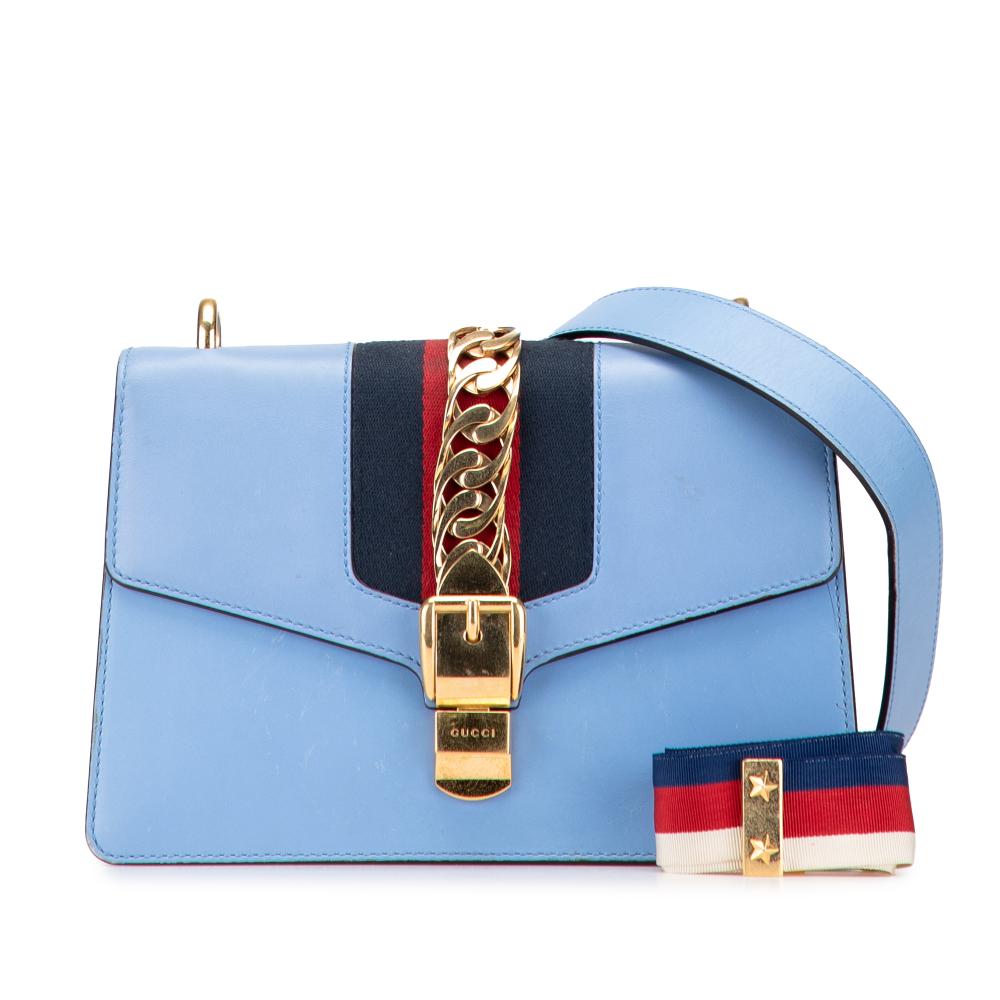 Gucci B Gucci Blue Light Blue Calf Leather Small Sylvie Web Satchel Italy