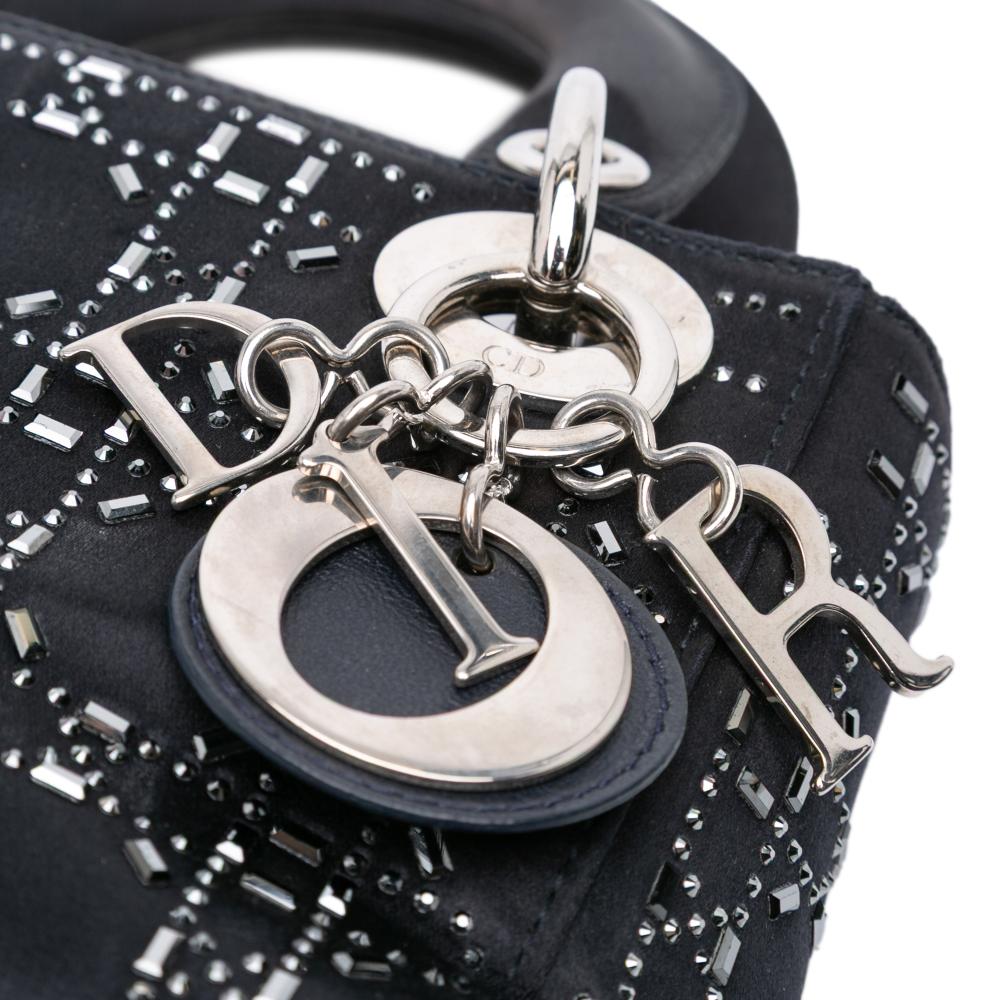 Christian Dior B Dior Black Satin Fabric Mini Cannage Strass Crystal Embellished Lady Dior Italy