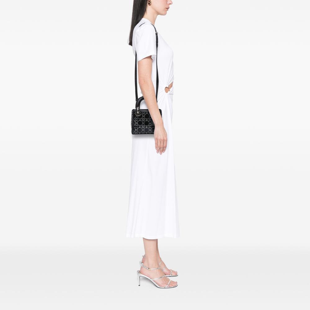 Christian Dior B Dior Black Satin Fabric Mini Cannage Strass Crystal Embellished Lady Dior Italy