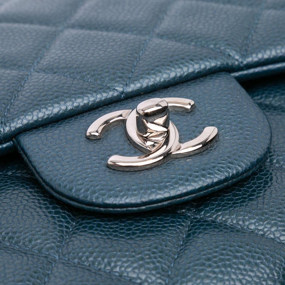 Chanel AB Chanel Blue Peacock Caviar Leather Leather Jumbo Classic Iridescent Caviar Double Flap Italy