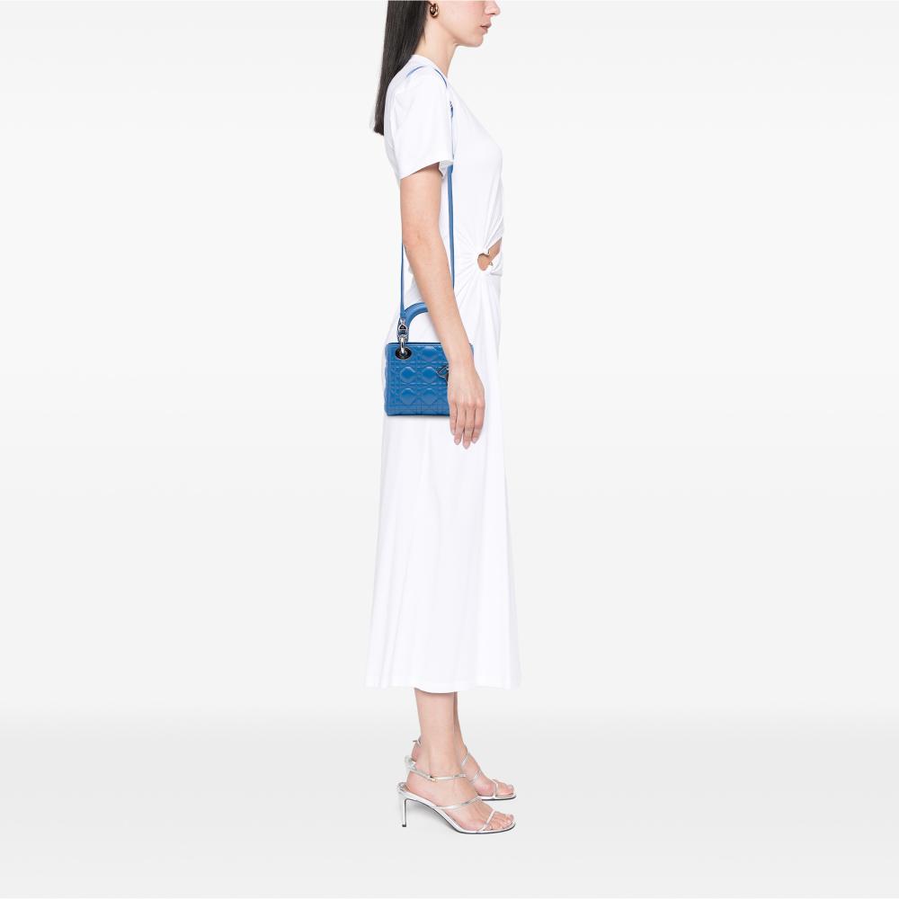 Christian Dior B Dior Blue Light Blue Lambskin Leather Leather Mini Lambskin Cannage Lady Dior Italy
